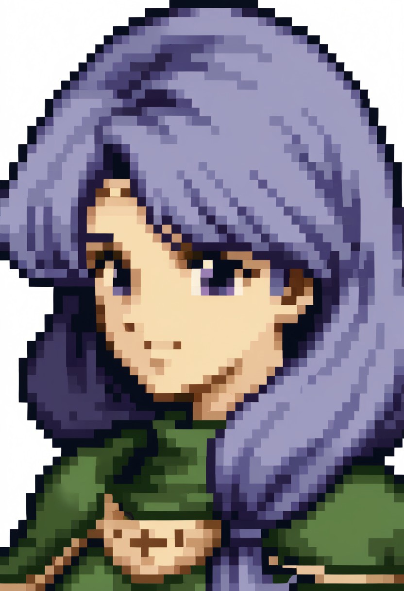 score_9, score_8_up, score_7_up, source_anime, 1girl, solo, smile,
<lora:zs_FE4PortraitsXL:1> fe4portraits, portrait, pixel art, white background
<lora:IlyanaPoRXL:1> ilyanaPoR, lavender hair, bangs, lavender eyes, green shirt, short sleeves, pink capelet, circlet,