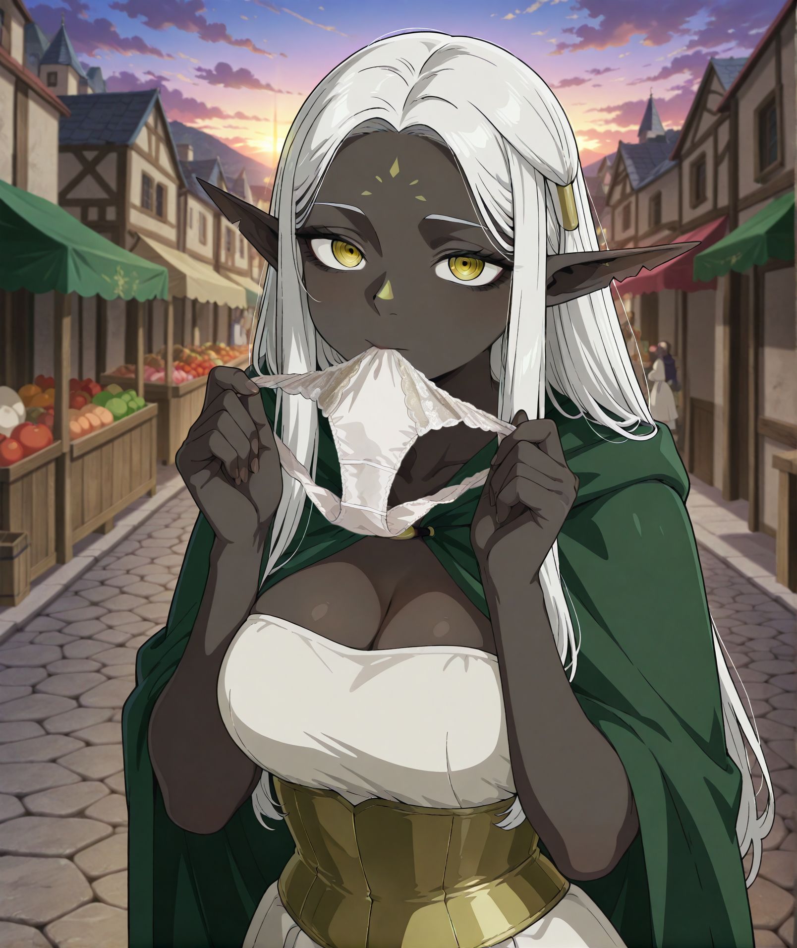 <lora:add-detail-xl:0.5>,,masterpiece, best quality, newest, absurdres, highres, detailed eyes, beautiful, detailed background, perfect eyes, anime coloring, anime screencap,
<lora:Holding_panties:0.5>Holding_pantiesV1,
1girl,underwear,breasts,panties,solo, hands up,
holding panties in mouth,looking at viewer, 
holding panties with both hands, lace panties, 
, medieval, town, stone road, storefront, vendor stalls, market, sunset, clouds,
<lora:Cithis_Dungeon_Meshi_IL_V2:1>, KJOcithis, white hair, yellow eyes, forehead mark, nose mark, pointy ears, very dark-skinned female, long hair, forehead, notched ear, sidelocks, ringed eyes, black eyeliner, white dress, long white dress, gold corset, green cape, cape strap, sleeveless, strapless,
20YO, milf,adult,