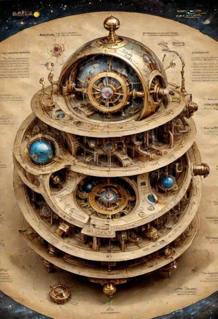 national geographic, best quality, masterpiece, award winning photo, fantasy landscape, extremely detailed, HDR, a photorealistic exploded view of a clockwork steampunk astrolabe armilar sphere, labeled parts, technical details, cross-section view, characteristic astronomy, focus, contrast, brightness, realistic style, scientific accuracy, clear and concise, on parchment