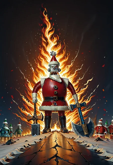 Christmas themed, Chaos, Robot Santa Claus, pandemonium, r0b0t_s4nta_c1aus, cinematic explosion style, Axe, Unlimited Blade Works, MasterSword, holding weapon, holding, weapon, mad-flames