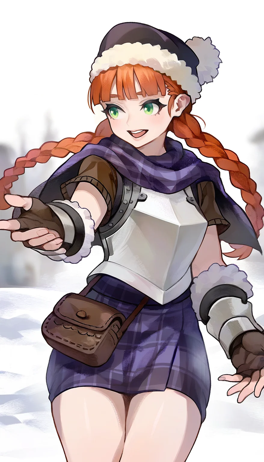 masterpiece,best quality,amazing quality,
<lora:yunifiiNAI:1>,yunifi,
1girl,solo,orange hair,purple fur hat,bangs,twin braids,green eyes,purple plaid cape,brown sweater undershirt,breastplate,purple plaid skirt,vambraces,cowboy shot,facing aside,looking ahead,open smile,reaching out left hand,
outdoors,snow,fog,
blurry background,depth of field,soft lighting,light particles,