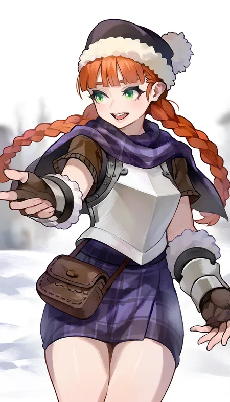 masterpiece,best quality,amazing quality,
<lora:yunifiiNAI:1>,yunifi,
1girl,solo,orange hair,purple fur hat,bangs,twin braids,green eyes,purple plaid cape,brown sweater undershirt,breastplate,purple plaid skirt,vambraces,cowboy shot,facing aside,looking ahead,open smile,reaching out left hand,
outdoors,snow,fog,
blurry background,depth of field,soft lighting,light particles,