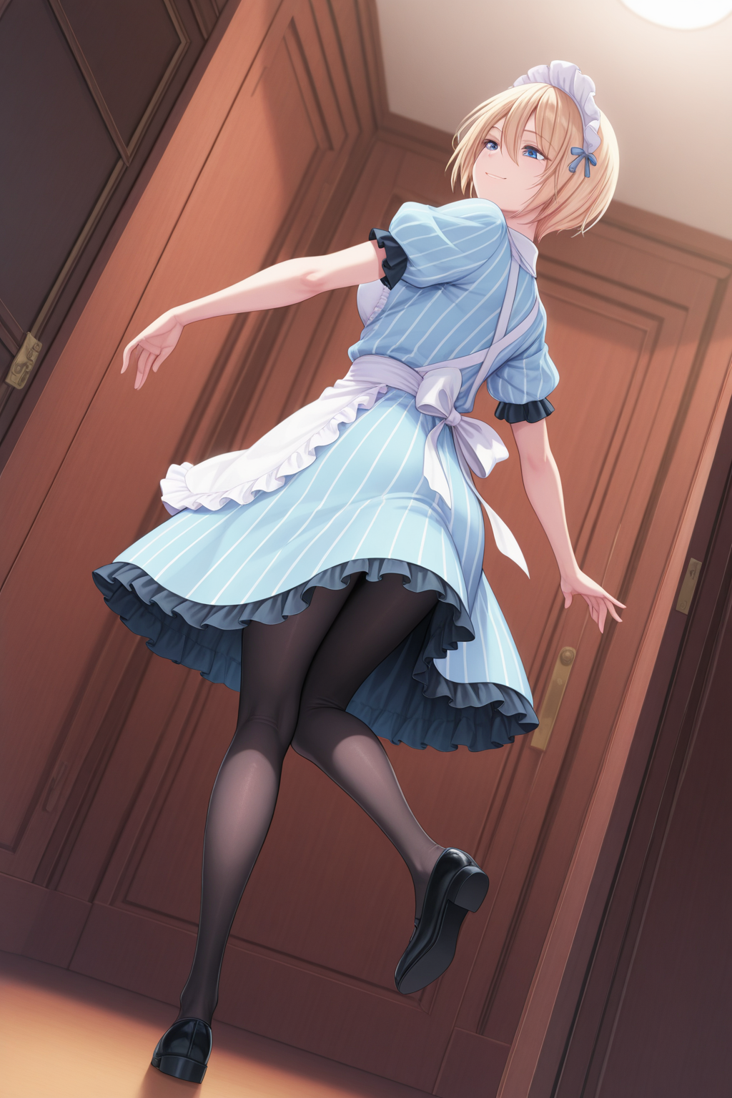 1girl, TerraceAkane,  
general, solo, perspective, dynamic angle, full body, from behind,
short hair, blue eyes, blonde hair, hair between eyes, breasts,
maid, maid headdress, short sleeves, frills, puffy sleeves, striped clothes, blue striped dress, apron, neck ribbon, 
black pantyhose,
smile,
looking down, curtsey, standing on one leg,
<lora:TerraceAkane-10:1.0>,
masterpiece, best quality, amazing quality