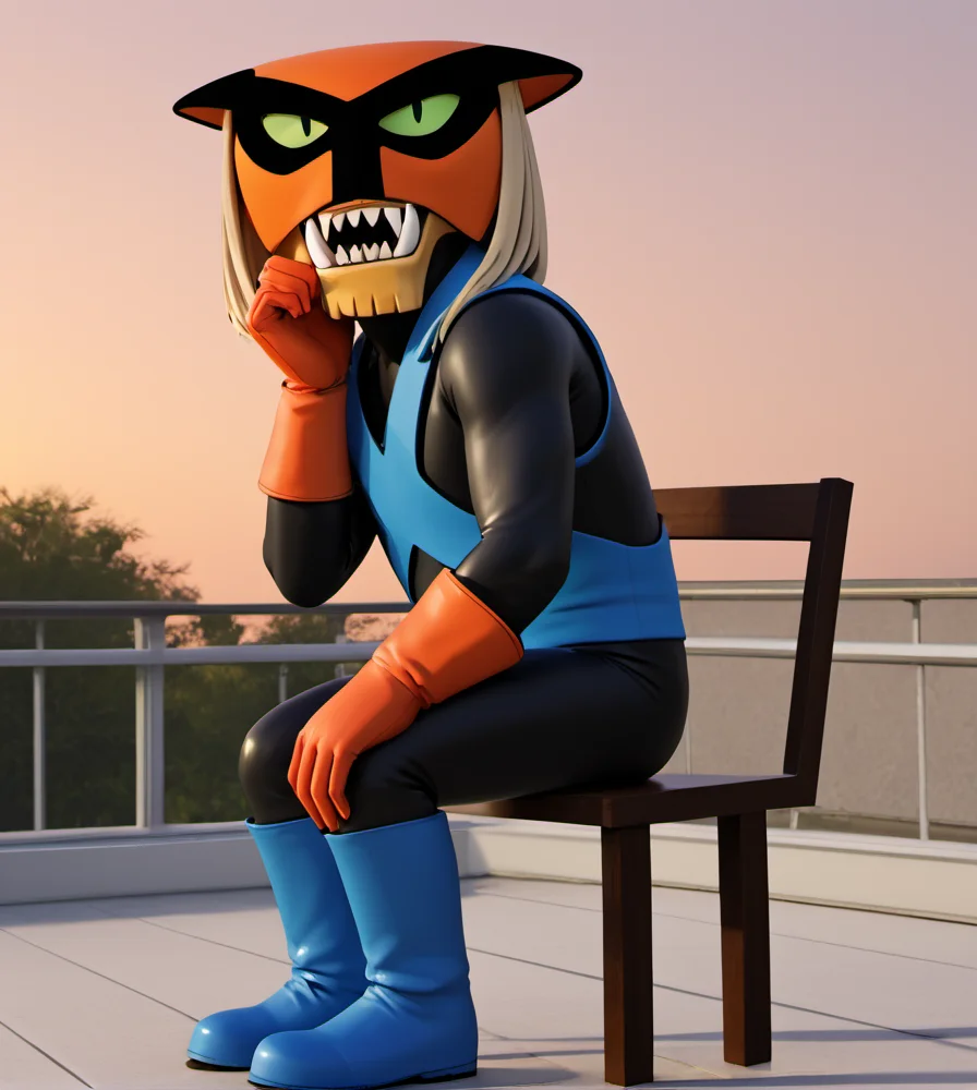 score_9, score_8_up, score_7_up, high res:1.5, digital media (artwork), 3d (artwork), blender (artwork), solo focus, br4k, felid, alien, fangs, tusks, sharp teeth, wrestling mask, bodysuit, orange gloves, blue boots, tail, green sclera, black pupils, slit pupils, anthro, male, side view, chair, sitting in chair, hand on chin, thinking pose, looking at the horizon, outdoors, sunset, balcony scenery, <lora:Brak_-_Space_Ghost:0.7>