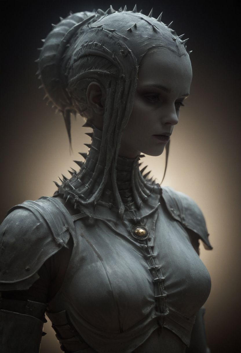 Monochrome, hkelf with 40kchainsword Closeup Portrait By resembling the style from david bowies labyrinth movie, Closeup Portrait By HR Giger, realistic, photorealistic, volumetric lighting, Busty Woman with silver reflecting 40kchainsword with large spikes, cleavage, outworn leather armor, used and old look, vintage, 
with high collar, illuminated from behind, a bold drawing image infront of a mystic colorful translucent abyss background, atmospheric haze, Film grain, cinematic film still, shallow depth of field, highly detailed, high budget, cinemascope, moody, epic, OverallDetail, 2000s vintage RAW photo, photorealistic, candid camera, color graded cinematic, eye catchlights, atmospheric lighting, imperfections, natural, shallow dof