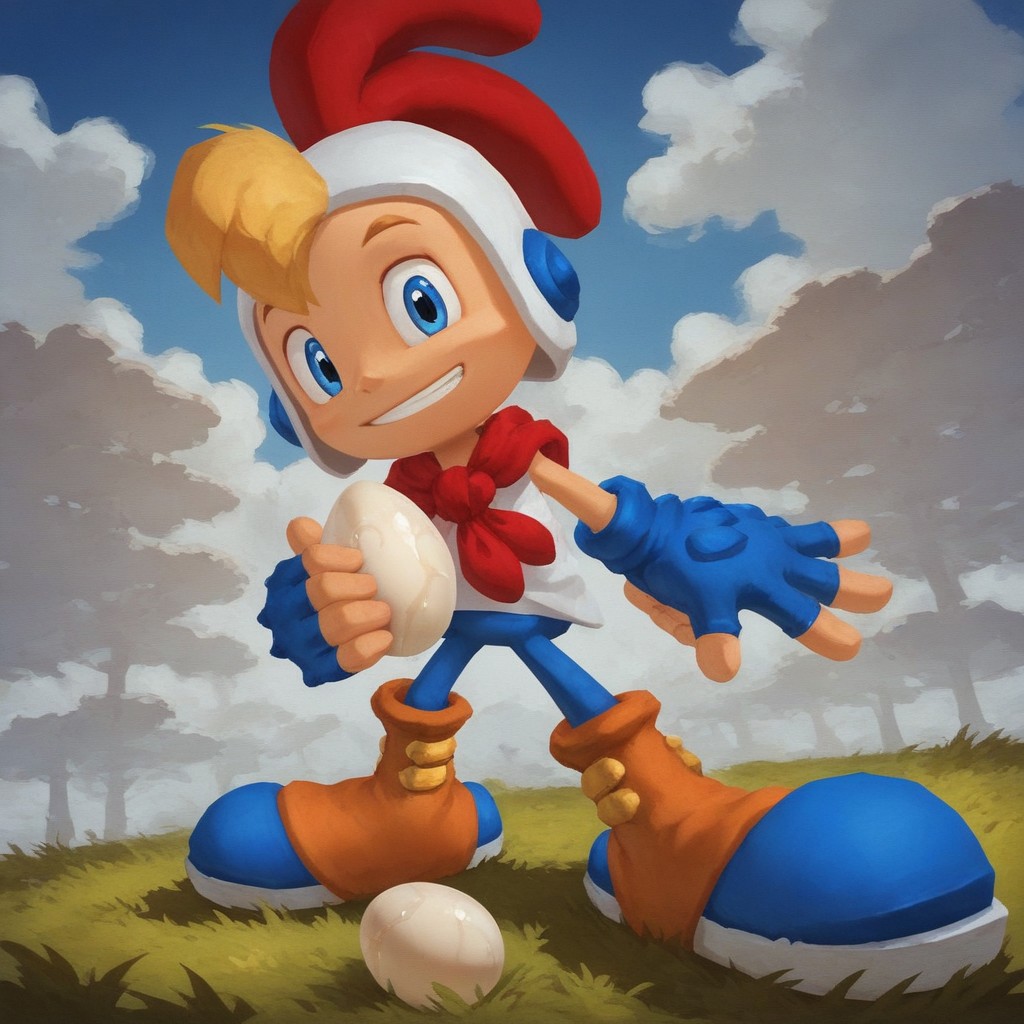 score_9, score_8_up, score_7_up, pinup pose, Expressiveh, looking at viewer, perfect face, colorful, dramatic angle, unique perspective, unique angle, wide angle, grass, egg, holding egg, holding, egg, weird buildings, 1boy, solo, blue gloves, smile, teeth, fingerless gloves, blonde hair, blue eyes, boots, sitting
