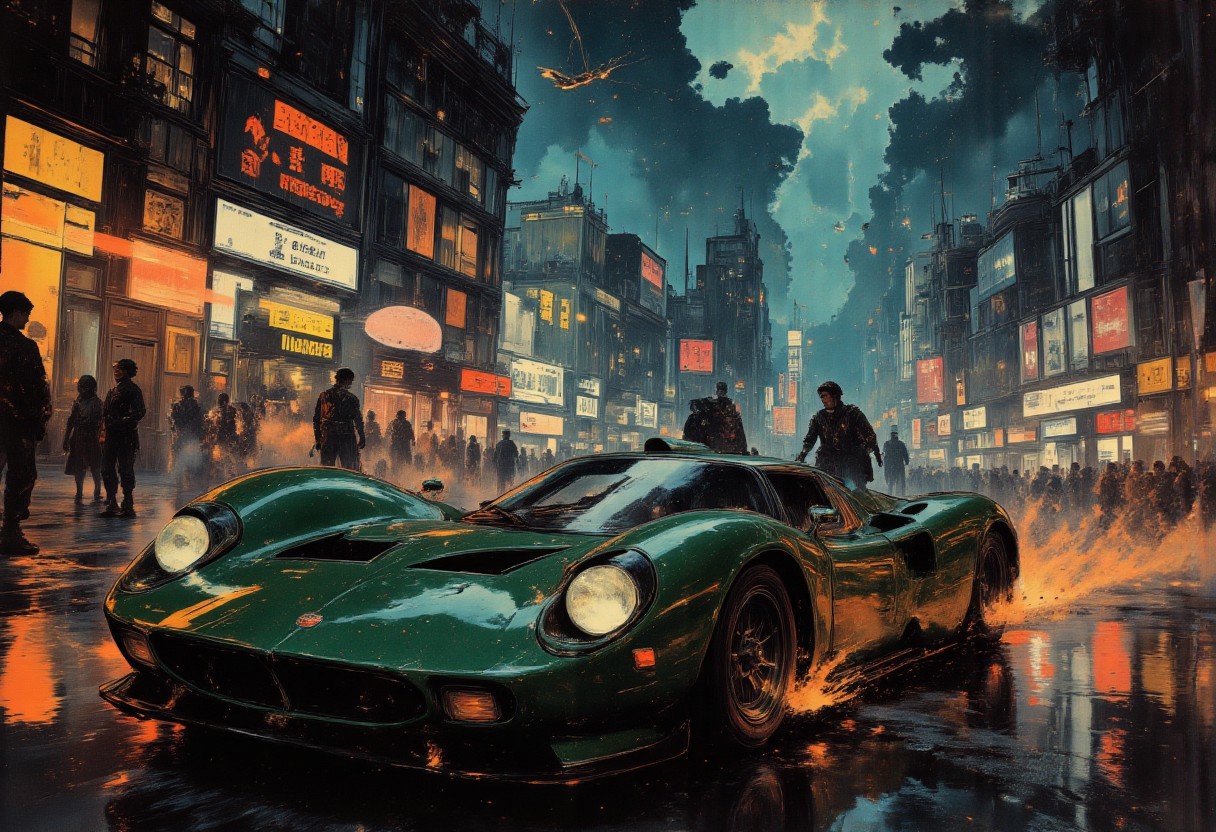 A sleek advanced cyberpunk sports car races through the rain-soaked streets of a neon-lit megacity, its angular body glowing with streaks of neon cyan and electric green. The car's aerodynamic design is enhanced by pulsating energy conduits running along its chassis, with glowing wheels that leave behind faint, burning trails of light. The bright neon headlights cut through the thick fog, illuminating the chaotic streets lined with holographic billboards and flickering neon signs. In the background, towering skyscrapers and hovering drones loom over the scene, casting sharp reflections on the car's glossy surface. The cockpit, visible through a dark, polarized canopy, is filled with an  array of glowing controls and holographic displays. Lightning flashes in the distant sky, illuminating the sharp angles of the cityscape, while light particles and sparks dance in the air. The roar of the engine echoes through the urban canyon, a mechanical growl that speaks of raw power and defiance in a cruel dystopian world.best quality,perfect shading,great lighting,dynamic composition,highres,high dynamic,motion lines,motion blur,(dutch angle:1.5),cinematic,neon colors,color contrast,vibrant