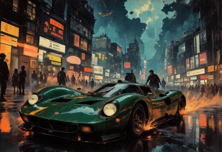 A sleek advanced cyberpunk sports car races through the rain-soaked streets of a neon-lit megacity, its angular body glowing with streaks of neon cyan and electric green. The car's aerodynamic design is enhanced by pulsating energy conduits running along its chassis, with glowing wheels that leave behind faint, burning trails of light. The bright neon headlights cut through the thick fog, illuminating the chaotic streets lined with holographic billboards and flickering neon signs. In the background, towering skyscrapers and hovering drones loom over the scene, casting sharp reflections on the car's glossy surface. The cockpit, visible through a dark, polarized canopy, is filled with an array of glowing controls and holographic displays. Lightning flashes in the distant sky, illuminating the sharp angles of the cityscape, while light particles and sparks dance in the air. The roar of the engine echoes through the urban canyon, a mechanical growl that speaks of raw power and defiance in a cruel dystopian world.best quality,perfect shading,great lighting,dynamic composition,highres,high dynamic,motion lines,motion blur,(dutch angle:1.5),cinematic,neon colors,color contrast,vibrant