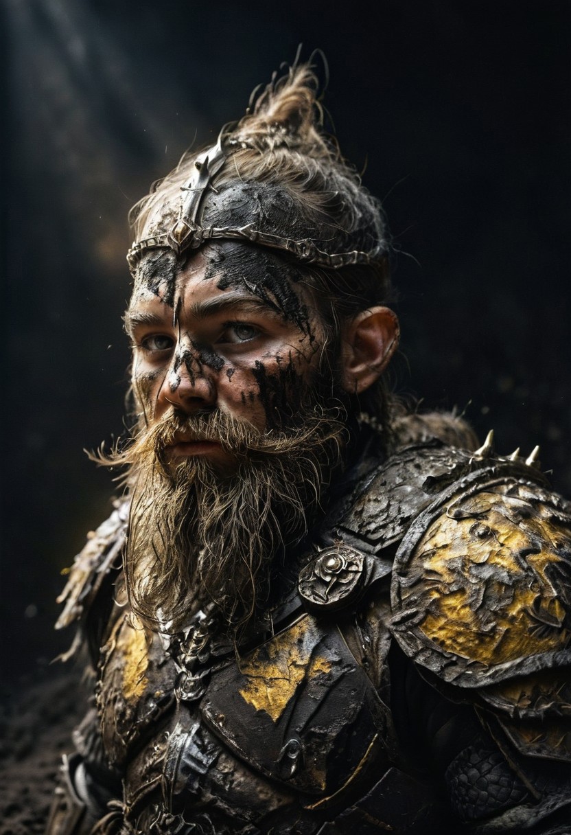 Smooth 2, source_anime, rating_questionable, BREAK,
1boy, dwarf warrior, covered in mud, black background, ray of light, armor, long beard