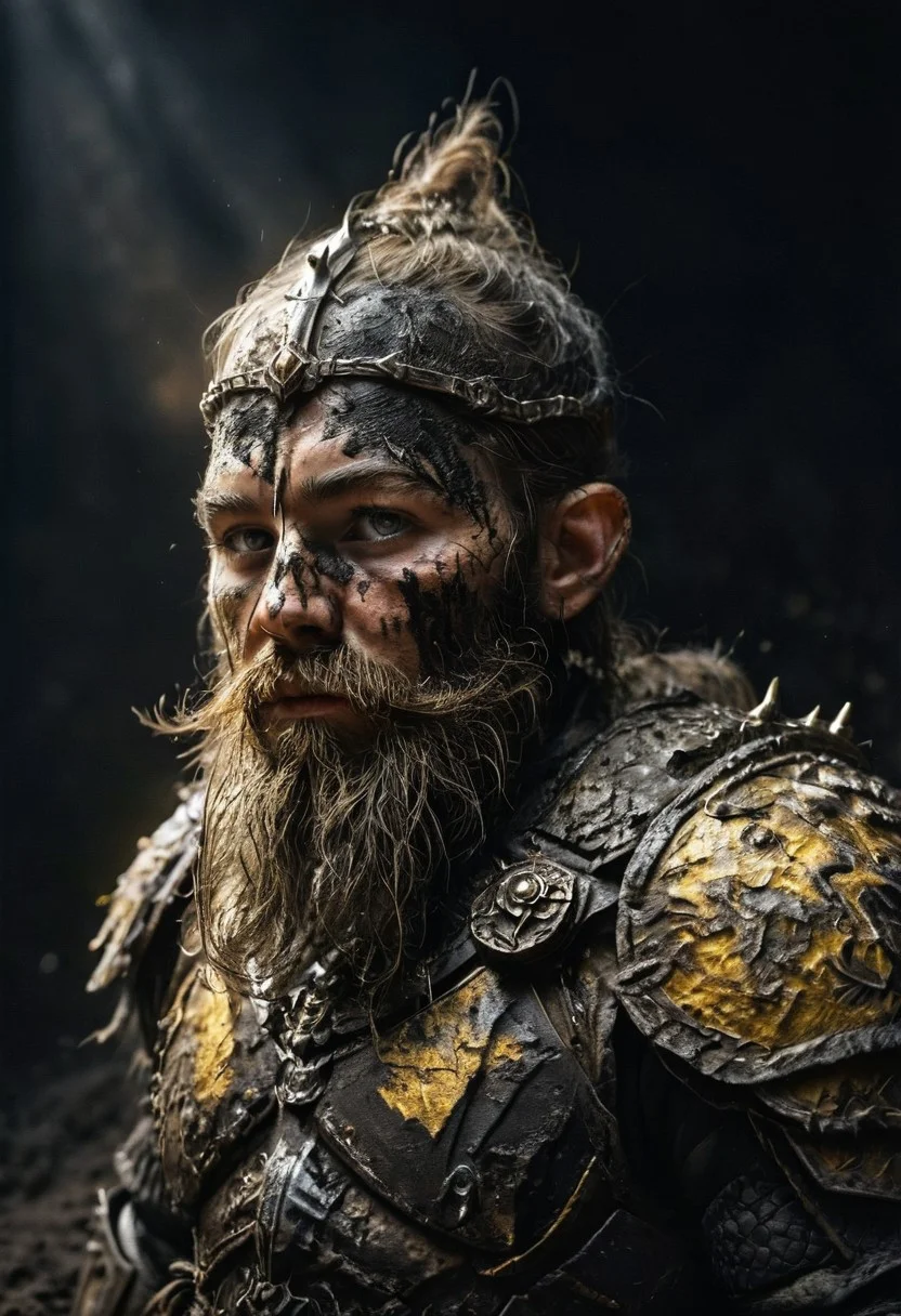Smooth 2, source_anime, rating_questionable, BREAK,
1boy, dwarf warrior, covered in mud, black background, ray of light, armor, long beard