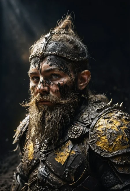 Smooth 2, source_anime, rating_questionable, BREAK,
1boy, dwarf warrior, covered in mud, black background, ray of light, armor, long beard
