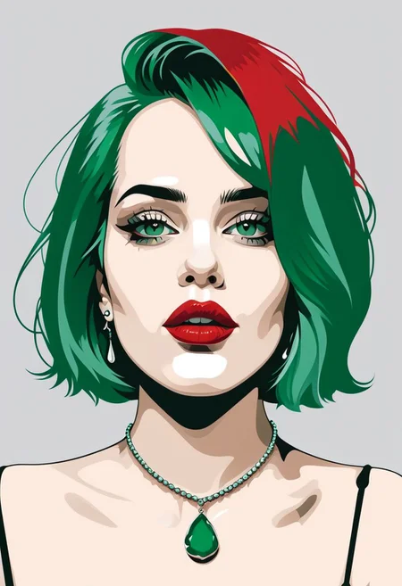 psztzz, 1girl, solo, necklace, jewelry, short hair, grey background, monochrome, green theme, parted lips, simple background, portrait, red lips, looking at viewer, makeup, aqua hair, lipstick, green hair, lips, portrait, vector art, flat coloring, cel shaded, cel shading, illustration, vector illustration, vector coloring, masterpiece, best quality,