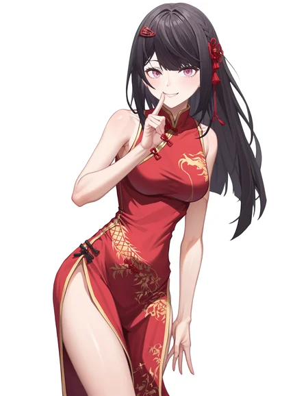 score_9,score_8_up,score_7_up,china_dress,print_cheongsam,white background,simple background,looking at viewer,
<lora:yanzhen_pony2:0.8>,glcyanzhen,1girl,solo,hair ornament,long hair,bangs,pink eyes,black hair,anime screencap,<lora:Anime_Screencap:1>,bent_over,seductive_smile,hand_to_mouth,cowboy shot,thighs,