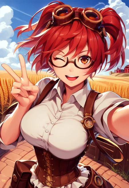score_9, score_8_up, score_7_up, score_6_up, austr, anime,, detailed eyes, beautiful, detailed background, perfect eyes,, expressive, 1 girl, visual novel character, sexy 20 year old girl, solo, short hair, red hair, two ponytails, shoulder-length ponytails, brown eyes, big breasts, 1girl, solo, looking at viewer, corset, suspenders, (steampunk), glasses, googles on the head, bag on the belt, tobacco pouch, wheat field, on the street, selfie, outstretched hand, taking pictures, wheat, blue sky, hill, farm, house, reaching out to the viewer, upper body, peace sign, hand raised, smile, mouth open, one eye closed, vibrant colors, cel shading
