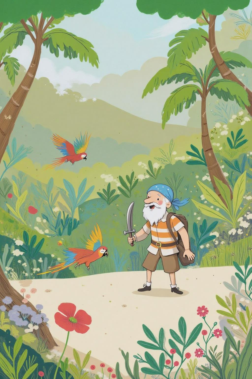 al1ca illustration. The scene is set in a lush, tropical environment with a sandy beach at the bottom and a backdrop of lush, green foliage. The main character, an elderly pirate, stands on the sandy beach. He has a white beard, a blue bandana, and wears an orange and white striped shirt, and a pair of brown shorts. He is carrying a machette. He is following a colorful parrot flying in front of him. <lora:al1ca1_cap_d6a3e11:1.0><lora:828065893906100944:0>