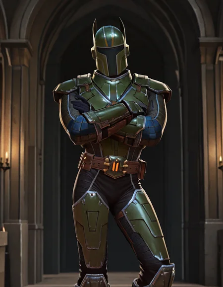 masterpiece, best quality, newest, perfect quality, intricate details, detailed background, male focus, realistic, solo, <lora:SWTOR - Rass Ordo - Illustrious-000005:0.7> rass_ordo, 1boy, mature male, helm, breastplate, shoulder armor, body suit, wrist bracers, gloves, belt, pants, armored knee boots, crossed arms, looking at viewer, upper body, contrapposto