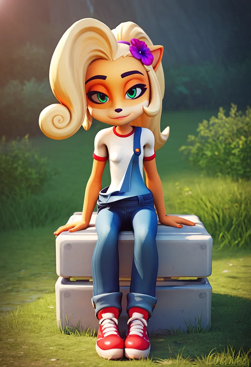 PonyXLV6_Scores,source_anime,masterpiece,best quality, highly detailed, perfect anatomy,amazing quality,3d,
BREAK
<lora:coco:0.8>coco, 1girl, solo, shirt, overalls, green eyes, blonde hair, white shirt, hair ornament, animal ears, flower, sitting, hair flower, short sleeves, furry, half-closed eyes, grass, looking at viewer, furry female, long hair, shoes, red footwear, full body, pants, closed mouth, shiny, outdoors, shiny hair, body fur, ponytail, water,