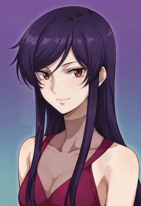 score_9,score_8_up,score_7_up,score_6_up,score_5_up,score_4_up,anime coloring BREAK source_anime,anime,<lora:Tieria_Erde_cross_dressed_Gundam_00_Pony:0.8>,tieriacd,1other,red eyes,purple hair,solo,long hair,crossdressing,dress,purple dress,bare shoulders,smile,simplecolored background,portrait,upper body,looking at viewer,