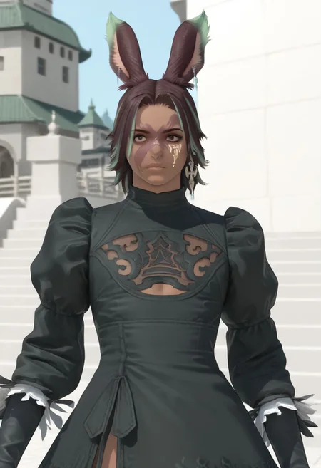 no2 type b dress, viera, cosplay, animal ears, rabbit ears, 1boy, male focus, facial mark, dark skin, solo, dark-skinned female, gloves, looking at viewer, black hair, upper body, short hair, lips, earrings, puffy sleeves, jewelry, black gloves, brown eyes, building, dress,, BREAK PonyXLV6_Scores
