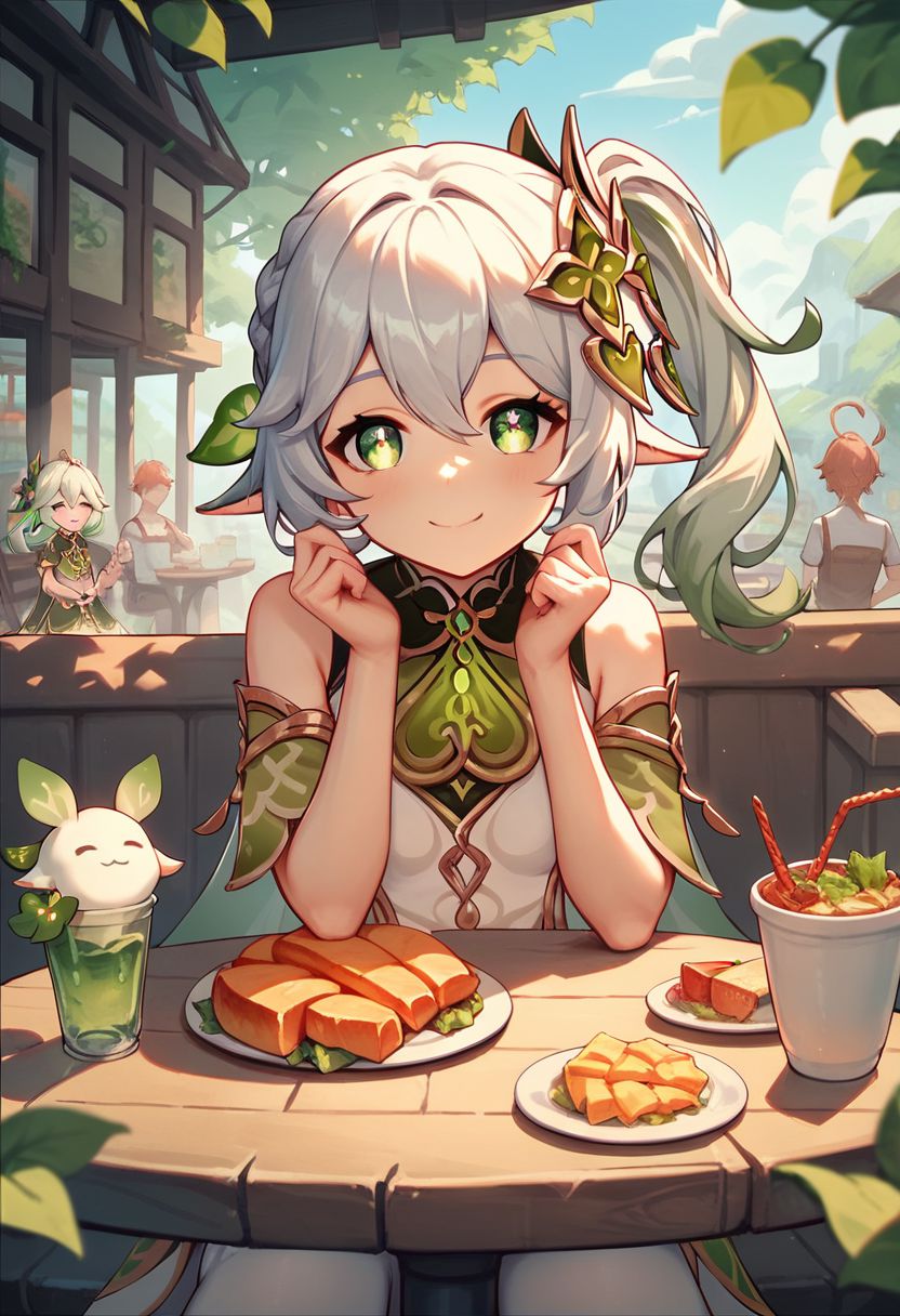 score_9, score_8_up, score_7_up, score_6_up, score_5_up, score_4_up, source_anime, A girl sitting at a table in a restaurant, 1girl, Nahida_(Genshin_Impact), outdoors, happy, smile, casualware, food, looking at viewer