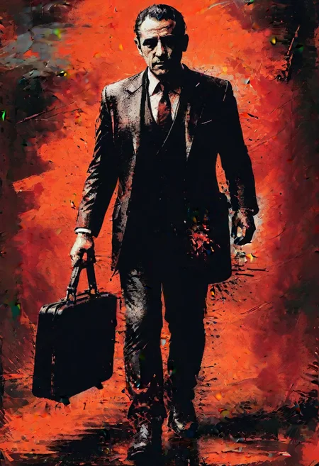 impactful paint of a mafioso carrying a briefcase, highly detailed, professional painterly, high contrast, oversaturated, deep blacks, painterly, color splashing, 4k, uhd, masterpiece