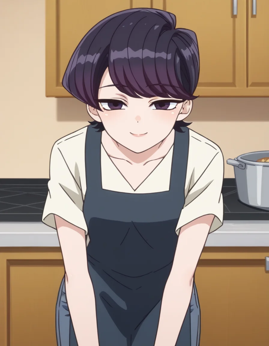 score_9, score_8_up, score_7_up, source_anime,
shuukokomi, <lora:shuuko-komi-s1s2-ponyxl-lora-nochekaiser:1>,
shuuko komi, short hair, black hair, black eyes, half-closed eyes,
shirt, white shirt, short sleeves, pants, apron, denim, jeans, blue apron,
indoors, kitchen, bent over, smile,
looking at viewer, cowboy shot, dutch angle, solo,