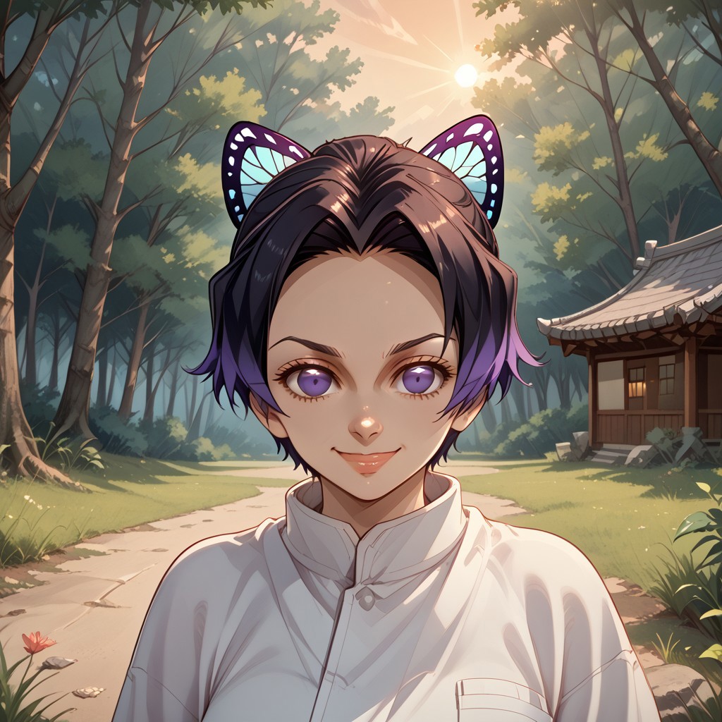 score_9, score_8, BREAK, solo, Kochou shinobu, alternate hair style, short hair, 1girl, parted bangs, forehead, butterfly hair ornament, solo, no pupils, adult female, mature female, breasts, sexy pose, self portrait, smile, outdoors, sunlight, shadows, evening lighting, natural lighting, forest, trees, grass, orange sky, sunset