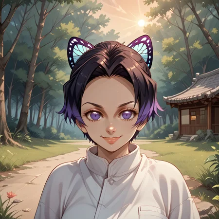 score_9, score_8, BREAK, solo, Kochou shinobu, alternate hair style, short hair, 1girl, parted bangs, forehead, butterfly hair ornament, solo, no pupils, adult female, mature female, breasts, sexy pose, self portrait, smile, outdoors, sunlight, shadows, evening lighting, natural lighting, forest, trees, grass, orange sky, sunset