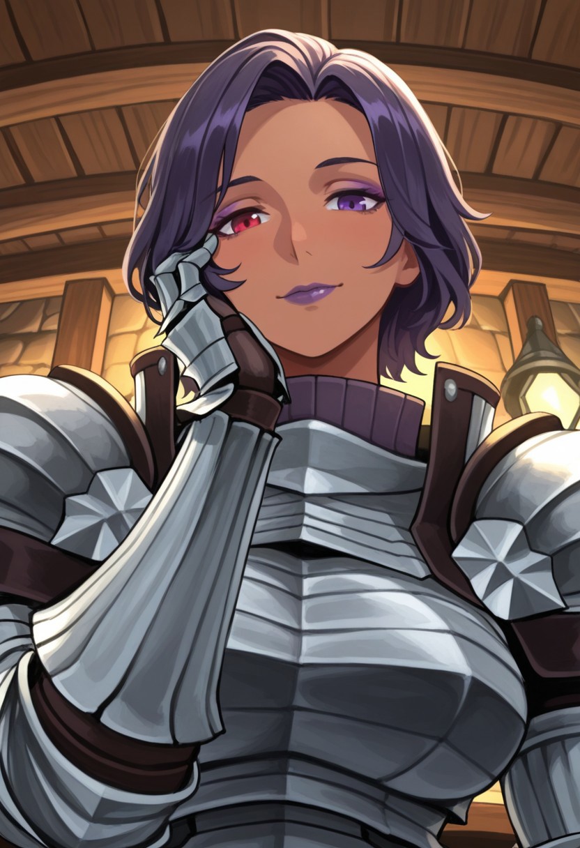 source_vanillaware,
from below, face focus, pov hand, hand on cheek,
1girl, solo,
AmaliaIL, Amalia Unicorn Overlord,
tan skin, purple eye, red eye, heterochromia,  purple eyeshadow, dark purple hair, short hair, purple lips,
muscular, milf,
steel armor, high collar, pauldrons,
subtle smile, looking at viewer,
tavern,