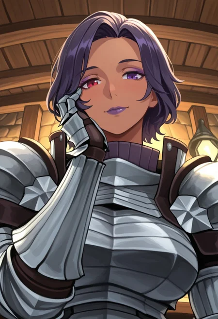 source_vanillaware,
from below, face focus, pov hand, hand on cheek,
1girl, solo,
AmaliaIL, Amalia Unicorn Overlord,
tan skin, purple eye, red eye, heterochromia, purple eyeshadow, dark purple hair, short hair, purple lips,
muscular, milf,
steel armor, high collar, pauldrons,
subtle smile, looking at viewer,
tavern,