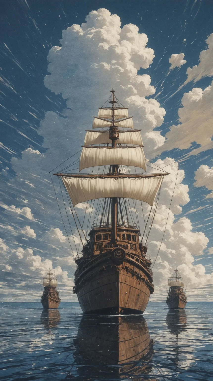 masterpiece,best quality,(painterly:1.2, pastel \(medium\):1.3),
no humans, majestic sailing ships, floating on calm water, surreal reflection, mirrored clouds, ethereal atmosphere, vast sky, soft sunlight, billowing sails, antique vessel, fantasy scenery, dreamlike, blue tones, maritime adventure, ocean horizon, cinematic lighting, painterly style, digital painting, mystical, fantasy realism, tranquil