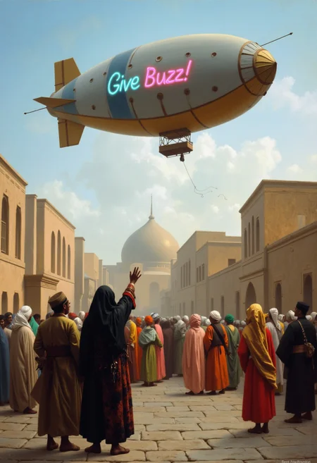 The scene is a wide square in an Arabian city during the Ottoman Empire, as depicted in a 19th-century Orientalist oil painting by Jean-Leon Gerome. The painting depicts a large steampunk dirigible or zeppelin hovering in the sky above the city. The people in the foreground are looking up at the dirigible and gesturing toward it. The men and women in the foreground are dressed in colorful Arabic clothing. The buildings in the background feature traditional Arabic architecture with geometric details around the doorways and windows. The men and women in the painting are in focus and the distant dirigible is out of focus. On the side of the dirigible, the words “Give Buzz!” appear in bright neon lights.