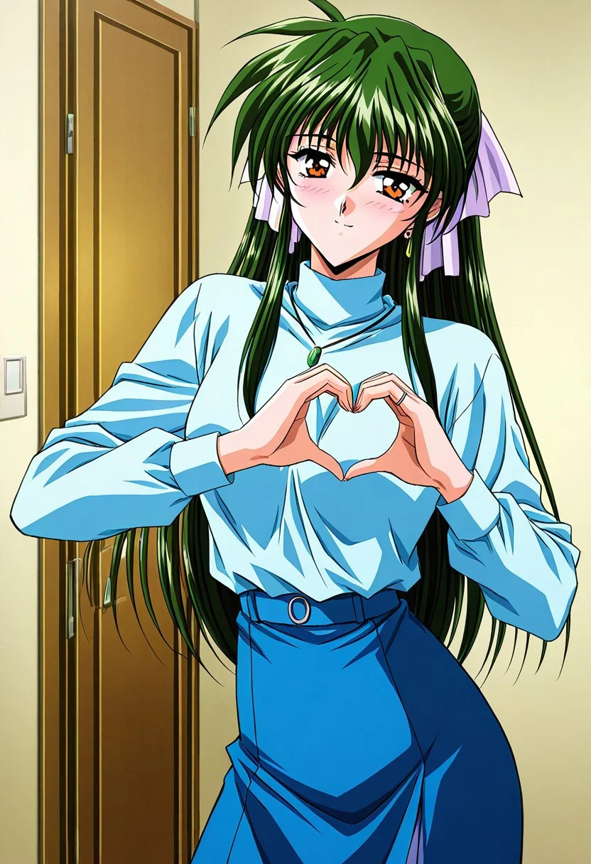 general,highres, ultra-detailed,very aesthetic,best quality ,best hands,masterpiece, best quality, newest, highres, score_9, score_8_up, score_7_up, source_anime, rating_explicit,1girl, yokota mamoru style,motion lines,,Very straight nose,slim,slender face,perfect nose,1990s (style)
Sendou Hitomi, Green Hair, Sidehair, Waist Length Hair,Amber Eyes,Necktie, Ribbon Hair Tie
 anime screencap,
,slim,earring detailed skin, turtleneck shirt, long skirt, ring, light smile, blush, looking at viewer, standing, pinup, heart hands, in room, cowboy shot, highly detailed