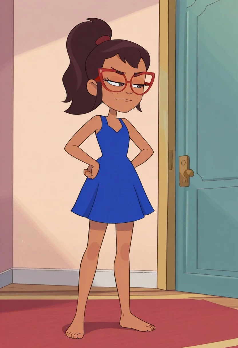 Hailey banks, 1girl, solo, brown eyes, tan skin, freckles, brown hair, red glasses, ponytail,
Blue dress, smile, hand on hip, Half-closed eyes,
Barefoot, full body, standing, arms crossed, annoyed