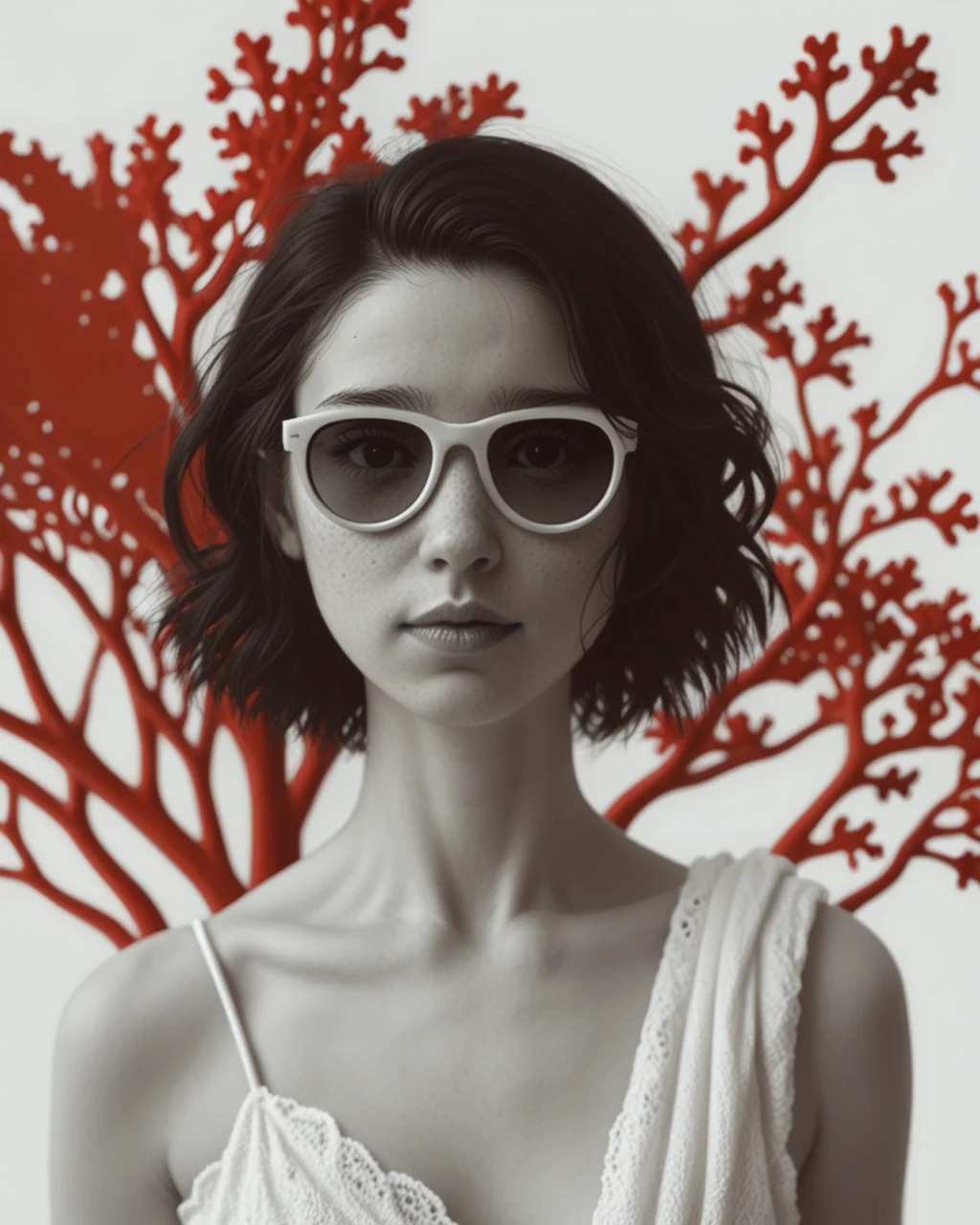 (<greenmageddonPONY>)0.9, (limited palette, white palette, red palette)1, (attractive woman, black hair, black eyes, natural beauty, detailed background, tinted sunglasses)1