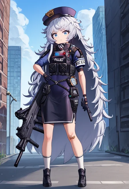 score_9,score_8_up,score_7_up, rating_general, masterpiece, source_anime, zPDXL2, city background, exterior, new york city, police car, police siren, police light, BREAK, <lora:Poli-000005:1>, zpoliorigin, 1girl, zpolia_outfit, solo, long hair, looking at viewer, bangs, blue eyes, skirt, gloves, hat, white background, holding, very long hair, closed mouth, standing, full body, weapon, white hair, short sleeves, shoes, black gloves, socks, black skirt, black footwear, holding weapon, hand on hip, holding polipoli_rifle, white socks, holding gun, bandaid, rifle, handgun, pencil skirt, assault rifle, police, bandaid on leg, police uniform, bandaid on knee, policewoman, holstered weapon, walkie-talkie