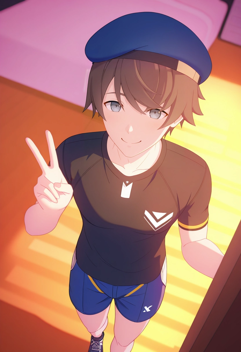 masterpiece, best quality, , (3d:0.4),, 1boy, solo, male focus, <lora:kanata_synduality_noir_ilxl:0.94>, kanata_synduality_noir, brown hair, grey eyes, short hair, black shirt, , , from above, bedroom, dawn, v, peace sign, giggling, Rugby shorts, Baseball shirt, Suede sneakers, Beret,