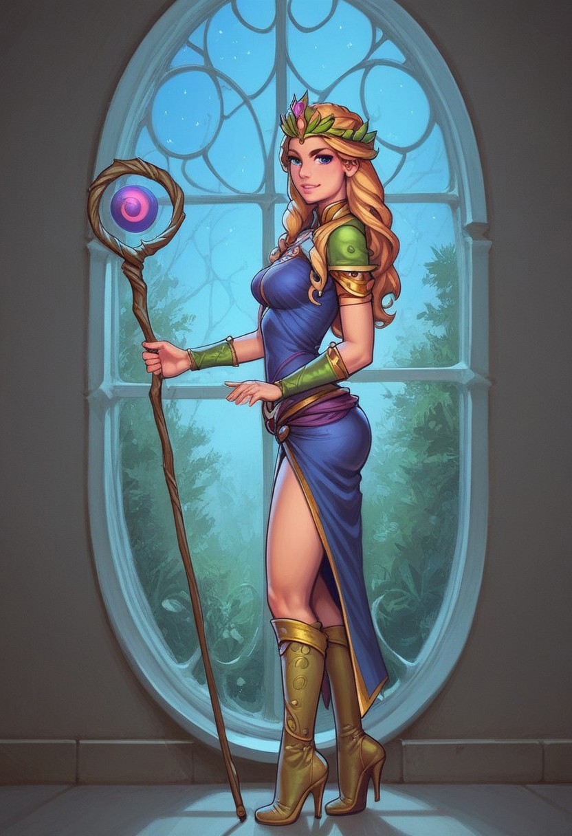 1girl, (((side view))), from front, solo, illustration, comic style, highly detailed, skinny, model body, looking at viewer, masterpiece, best quality, 1girl, masterpiece, best quality, fayenchantress, 1girl, solo, blonde hair, long hair, blue eyes, (young beauty, fit body:1.3), ((((magic shining orb in staff right hand, opened magic book in left hand)))), ((((magic clothes))))
<lora:FayEnchantress:0.9>
BREAK 
(((dark magic Observatory inside, night sky in window:1.6)))) score_9, score_8_up, score_7_up, score_6_up, source_cartoon, rating_explicit, Expressiveh, ((((full body))))), dynamic pose