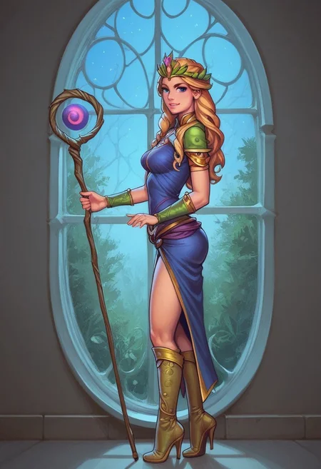 1girl, (((side view))), from front, solo, illustration, comic style, highly detailed, skinny, model body, looking at viewer, masterpiece, best quality, 1girl, masterpiece, best quality, fayenchantress, 1girl, solo, blonde hair, long hair, blue eyes, (young beauty, fit body:1.3), ((((magic shining orb in staff right hand, opened magic book in left hand)))), ((((magic clothes))))
<lora:FayEnchantress:0.9>
BREAK
(((dark magic Observatory inside, night sky in window:1.6)))) score_9, score_8_up, score_7_up, score_6_up, source_cartoon, rating_explicit, Expressiveh, ((((full body))))), dynamic pose