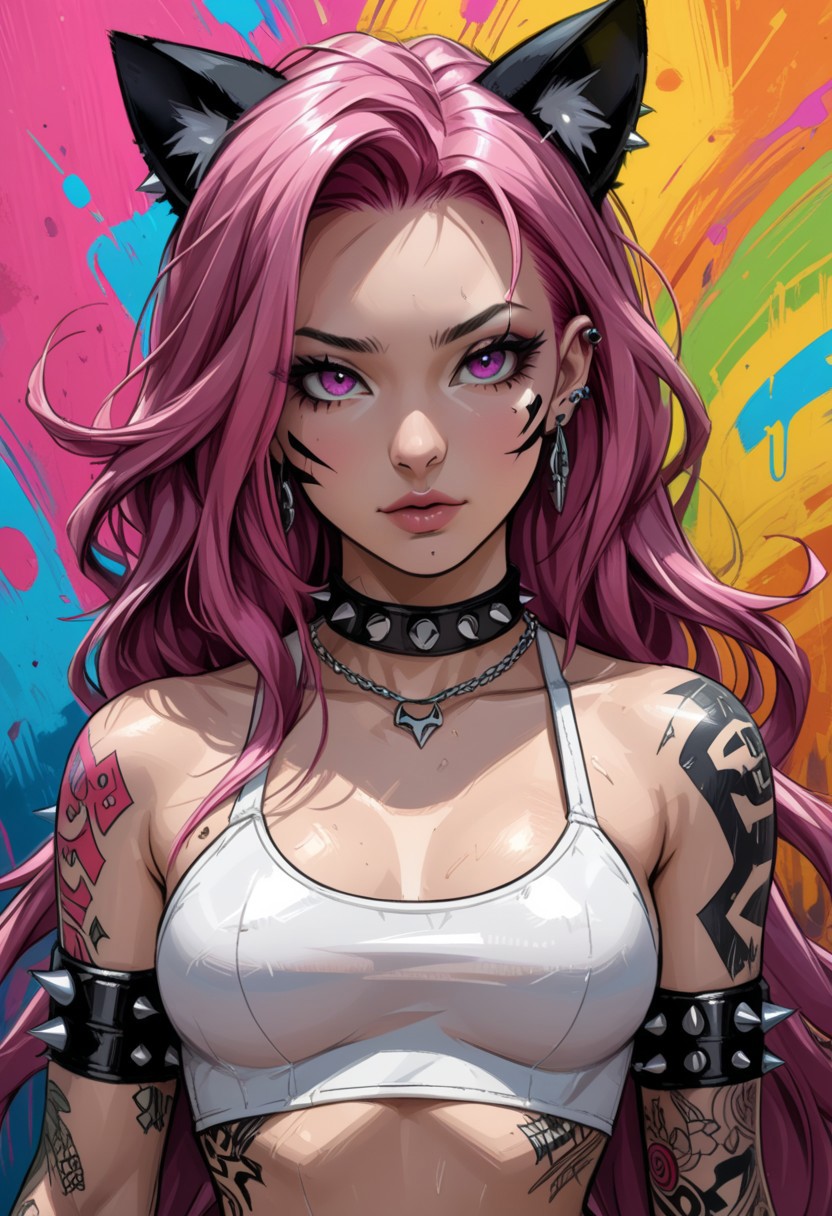 spawn_style pink hair, cat ears, pink collar, piercings, white crop top tattoos, sexy punk, long hair, colourful background
 spawn, sketch, paint , masterpiece, hyperrealistic, ultra detailed,
cute style,