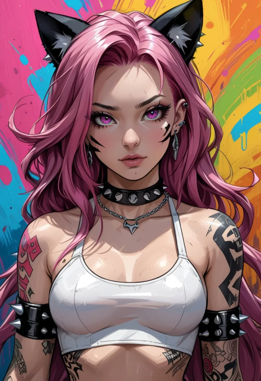 spawn_style pink hair, cat ears, pink collar, piercings, white crop top tattoos, sexy punk, long hair, colourful background
spawn, sketch, paint , masterpiece, hyperrealistic, ultra detailed,
cute style,