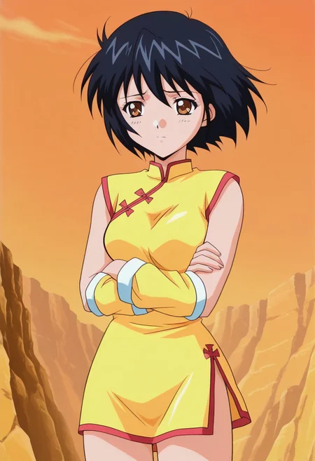oficial art, detailed anime, screencap, score_9, score_8_up, score_7_up, master piece, anime coloring, source_anime, ultra detailed anime art, hyper detailed anime art, Suzie Normal, 1girl, solo, chinese clothes, china dress, dress, side slit, black hair, short hair, short dress, yellow dress, brown eyes, yellow detached sleeves, short sleeves, sleeveless, medium breasts, bare legs, retro artstyle, yellow ankle boots, boots, sad face, cowboy shot, wind, windy, looking at side, arms crossed belod breast, generic desertic wasteland sunset background,
