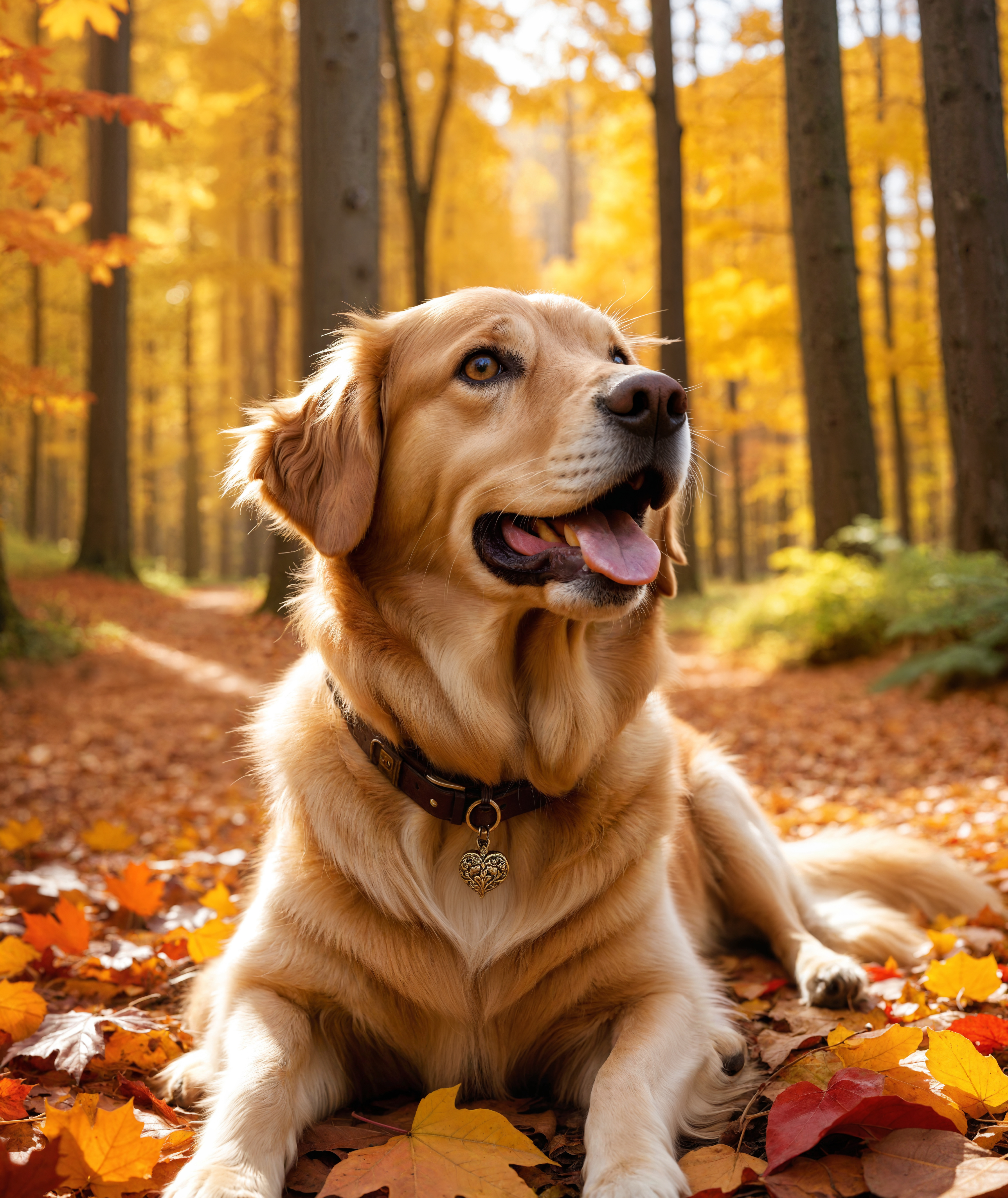 cinematic photo A golden retriever sits happily in a vibrant autumn forest. The dog's coat is a rich golden color,complementing the surrounding fall foliage. Bright red and orange leaves cover the ground,and the trees have a mix of golden and amber leaves. The forest is bathed in warm sunlight,creating a serene and picturesque atmosphere. The golden retriever looks content and joyful,with its tongue out and eyes sparkling,perfectly capturing the beauty and joy of a fall day in the forest,looking at the camera,cinematic,colorful background,concept art,8k,dramatic lighting,high detail,highly detailed,hyper realistic,intricate,intricate sharp details,octane render,smooth,studio lighting,trending on artstation.,cinematic  photorealistic,8k uhd natural lighting,raw,rich,intricate details,key visual,atmospheric lighting,35mm photograph,film,bokeh,professional,4k,highly detailed . 35mm photograph,film,bokeh,professional,4k,highly detailed
