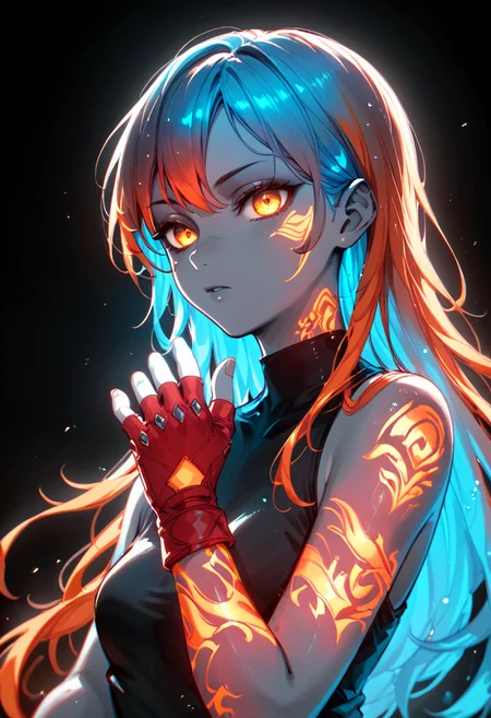 <lora:Style\glowneon_xl_v1:1.0> <lora:SelectiveColoringStyle:0.15> <lora:Concept\g1owingtatt00:1.0>, score_9,score_8_up,score_7_up,score_6_up,score_5_up, 1girl, orange hair, blue inner hair, golden eyes, red fingerless gloves, (black background, monochrome, spot color, selective coloring, grayscale skin), glowing tattoo, (luminous), glowneon