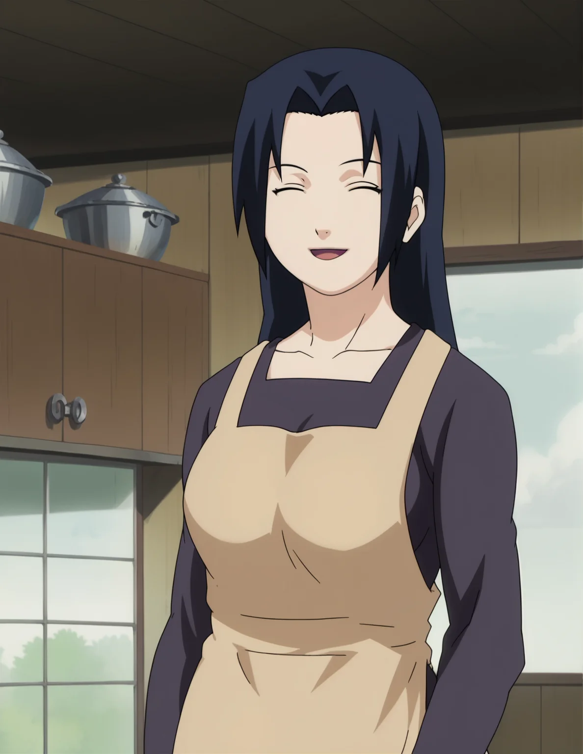 score_9, score_8_up, score_7_up, source_anime,anime screencap,anime coloring, intricate details,
uncensored,
mature female,
mikoto,1girl,long hair,black hair,uchiha mikoto,blue hair,black eyes,
large breasts,
apron,
cowboy shot, upper body,
smile, happy, ^ ^, closed eyes, open mouth,
perfect anatomy,
scenery,indoors,
<lora:Mikoto_Uchiha:1>,