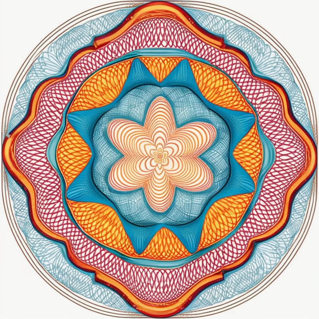 <lora:cx_V0:1>,The design consists of multi-layered geometric shapes that radiate symmetrically from the center,forming intricate patterns. The patterns should feature gradually changing lines,which can be straight,wavy,or spiraled. Please use a harmonious color palette,predominantly cold tones. The entire image should evoke a sense of meditation and relaxation,akin to a finely crafted mandala or a meticulous currency security thread pattern,successive orderly beautifulmeticulous Bessel curve of money,cline,monochrome,