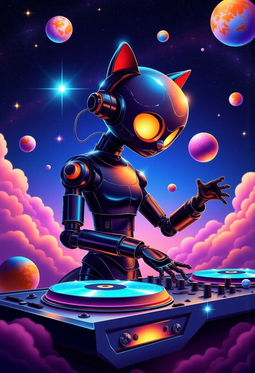 A futuristic robot cat wearing headphones and DJing at a cosmic disco party with stars and planets spinning around, illustration in the style of BRSH