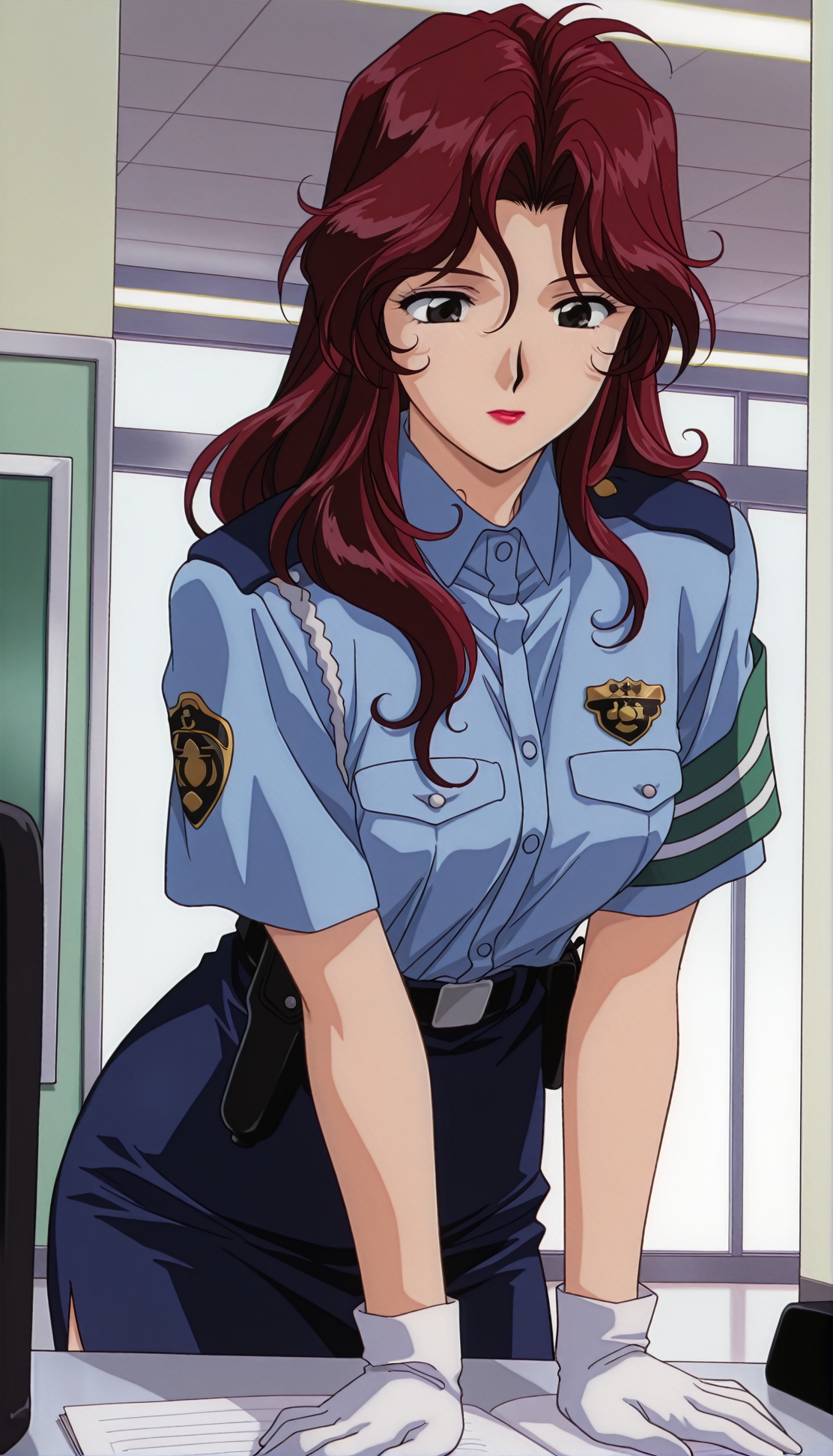 masterpiece,best quality,amazing quality,1990s \(style\),AoiFutaba tm,1girl,solo,black eyes,lipstick,Wine red hair,long hair,police uniform,shirt,short sleeves,blue shirt,blue skirt,white gloves,indoors,office,looking down,<lora:AoiFutaba ill:0.9>,