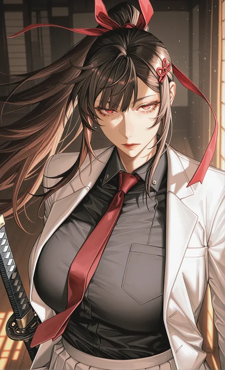 IllusP0s, Smooth Quality,
black hair, black pantyhose, black shirt, white blazer, open jacket, breasts, brown eyes, brown hair, collared shirt, hair ornament, hair ribbon, hayurizahardv3, 1girl, katana, long hair, looking at viewer, necktie, pleated skirt, ponytail, portrait, red eyes, red necktie, shirt, solo,
(watanabe wataru:0.75), (au \(d elete\):0.4), (lulu95402099:0.6),
<lora:HaYuriZahardV3:0.8>
<lora:watanabe_wataru:0.75>
<lora:Au_(D_Elete)-ill-Fandingo:0.4>
<lora:cfg_scale_boost:0.5>
<lora:lulu-e62_s930:0.66>