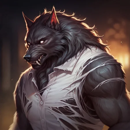 (((detailed, beautiful, high quality))), score_9, score_8_up, score_7_up, upper body,
werewolf, furry wolf, fangs, tail,
1 male, black fur, white eyes, torn white shirt, torn clothes,
blurred background, fantasy background, rustic background, dark background,